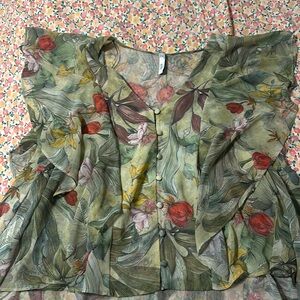 Mango Green Floral Ruffle Sleeve Flowy Top